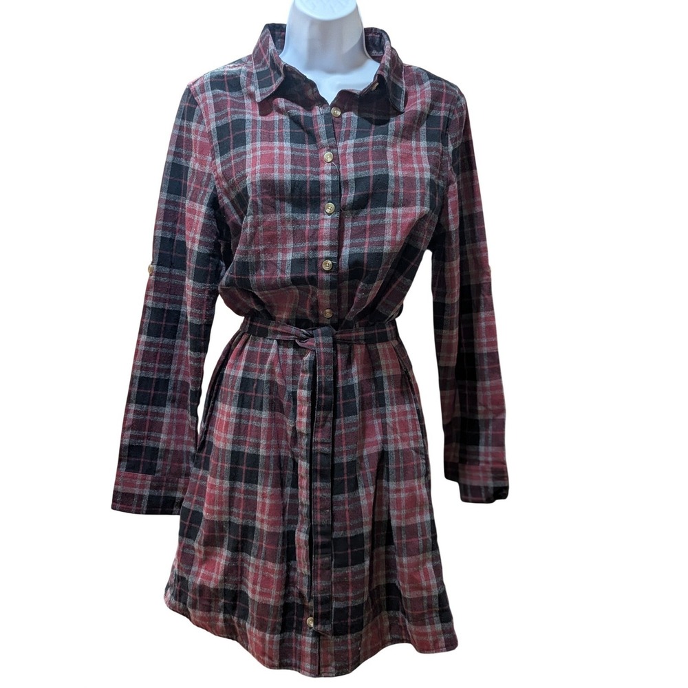Stillwater Supply Co Tartan Plaid Shirt Dress Flannel Belted Rustic Cozy Med